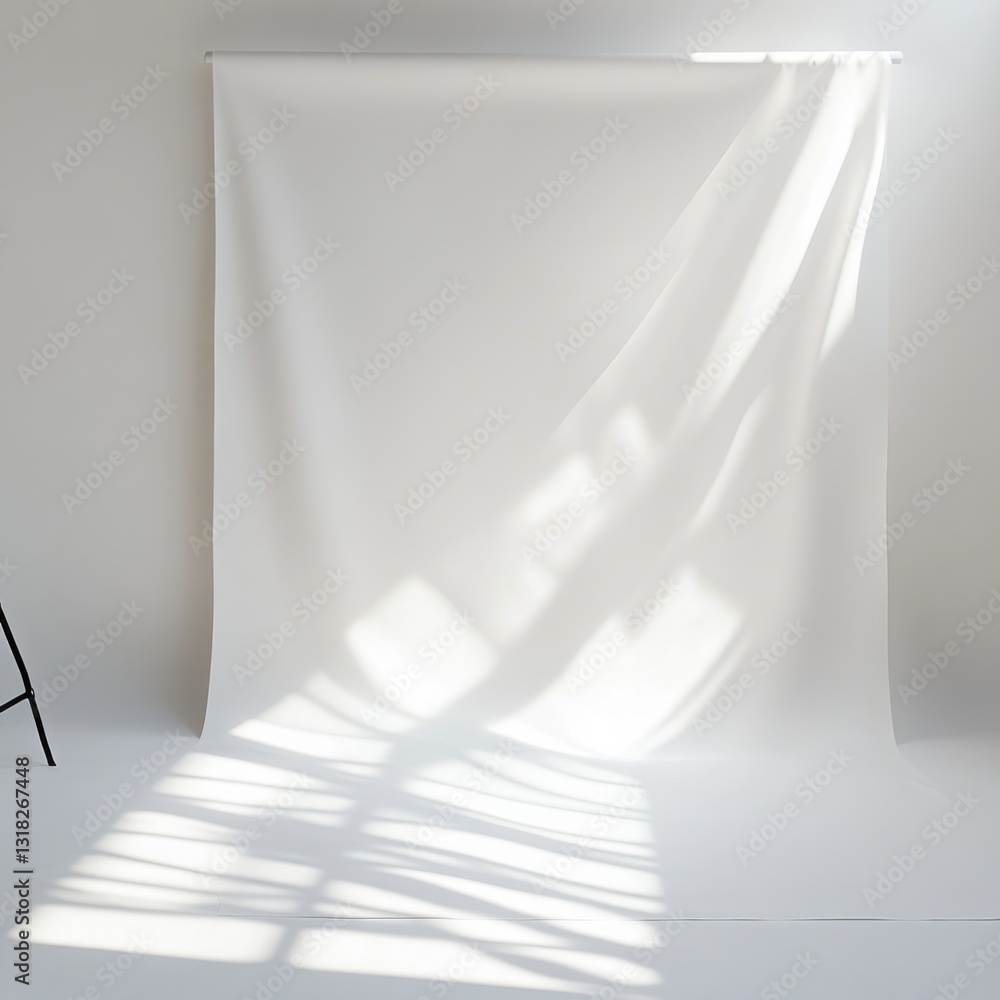 Poster serene backdrop in a modern studio with white fabric and window shadows for creative stock use