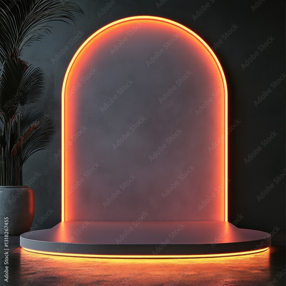 Aufkleber elegant illuminated archway display on platform with stylized palm tree backdrop in dark moody inter