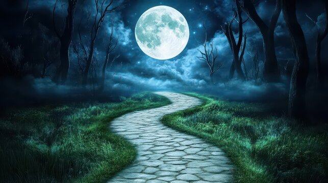 A moonlit path in a forest leading to nowhere aimlessness