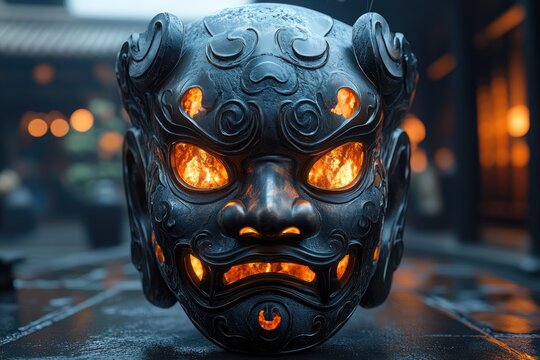 A detailed view of a stylized asian demon mask