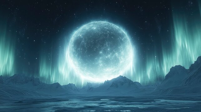 Moon behind northern lights, aurora borealis dancing across arctic sky