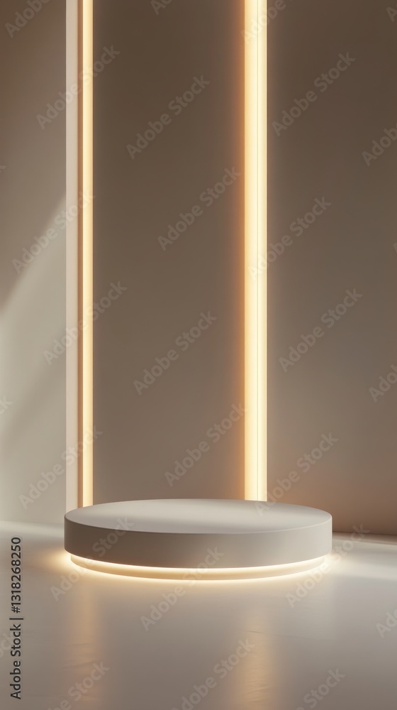 Poster modern product display round podium with illumination on beige backdrop showcasing futuristic concep