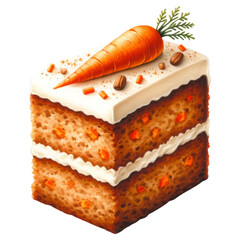 Bakery concept. A slice of carrot cake topped with a carrot and cream frosting, showcasing a moist sponge with carrot pieces and decorative sprinkles.