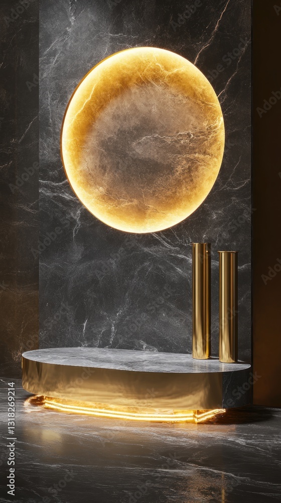 Poster elegant platform display with luminous orb and marble textures creating luxurious ambiance for produ