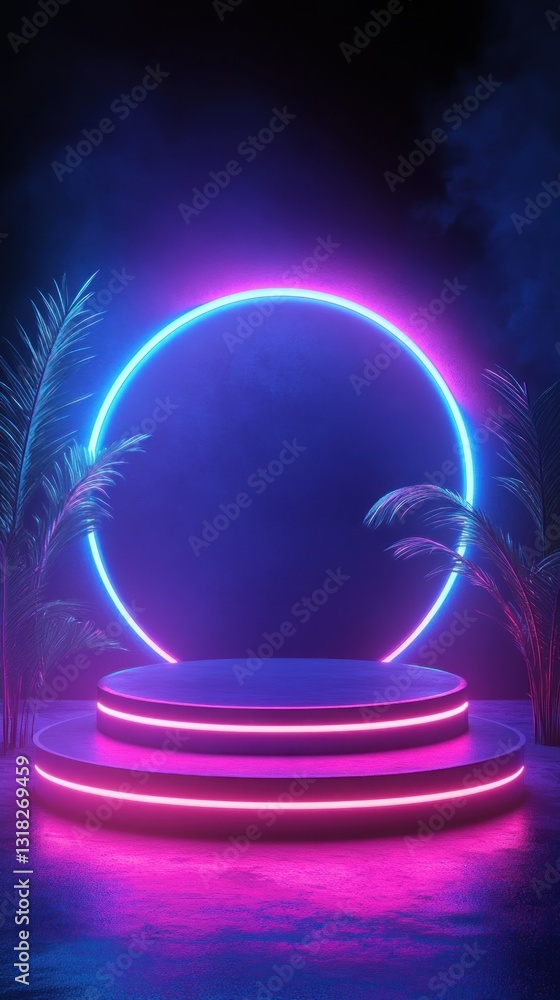 Poster neon circle platform in modern room setting with tropical plants creating a futuristic visual effect
