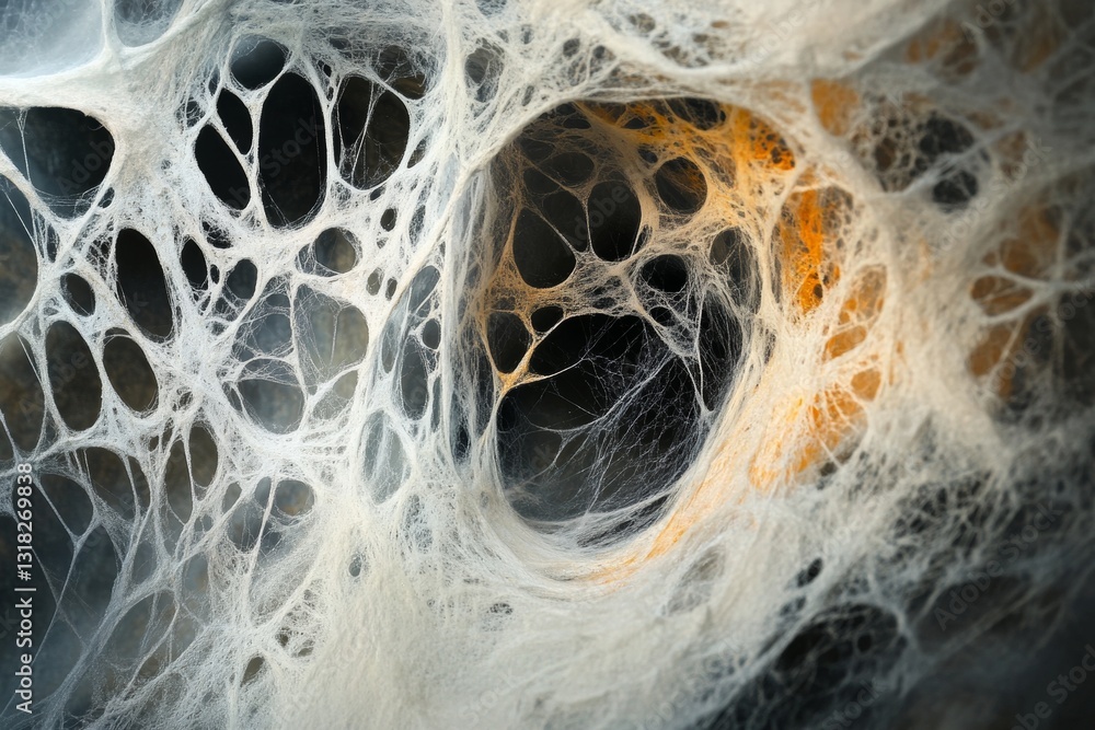 Poster an up-close view of intricate spider silk patterns showcasing delicate fibers and unique textures. t