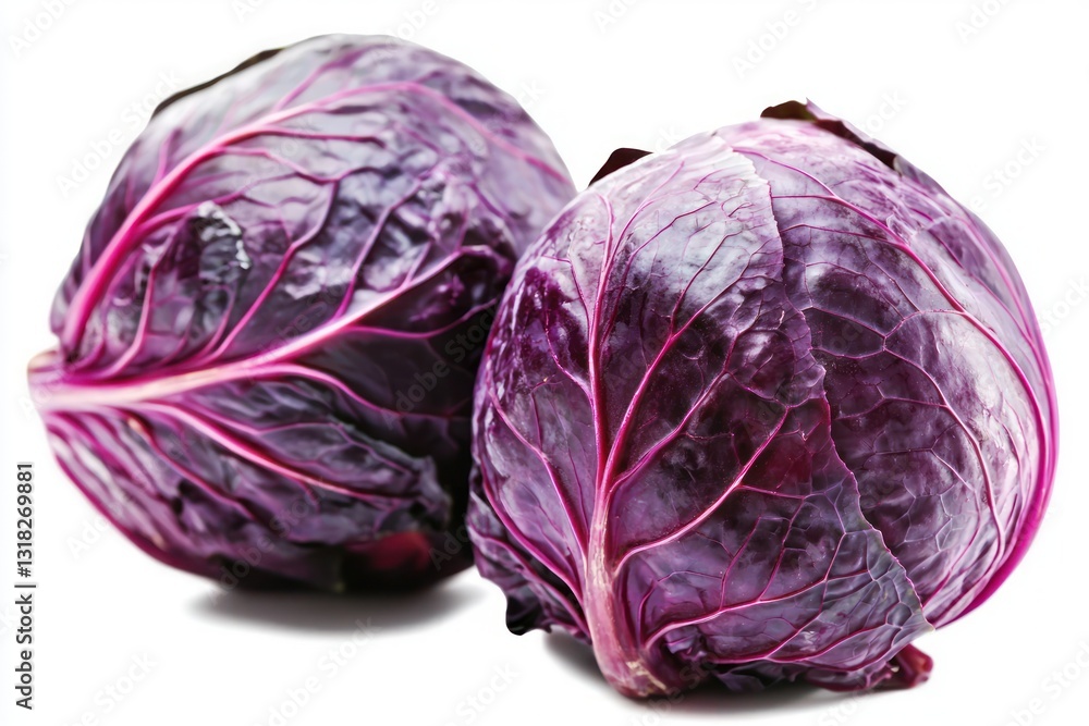 Poster vivid close up capturing the deep texture of two fresh red cabbages against bright studio background