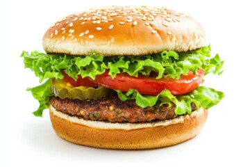 Delicious Hamburger with Fresh Greens and Tomato Slices Stacked on a Sesame Seed Bun