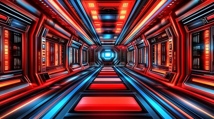 Futuristic red and blue spaceship corridor.