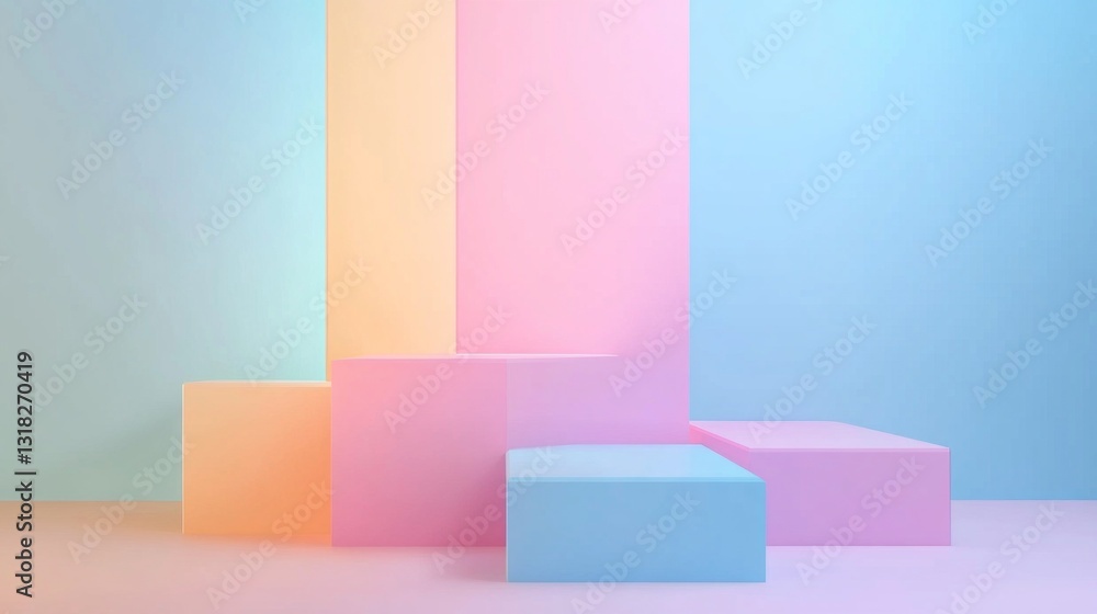 Poster a series of soft pastel-colored geometric blocks in shades of pink, blue, and yellow are arranged ha