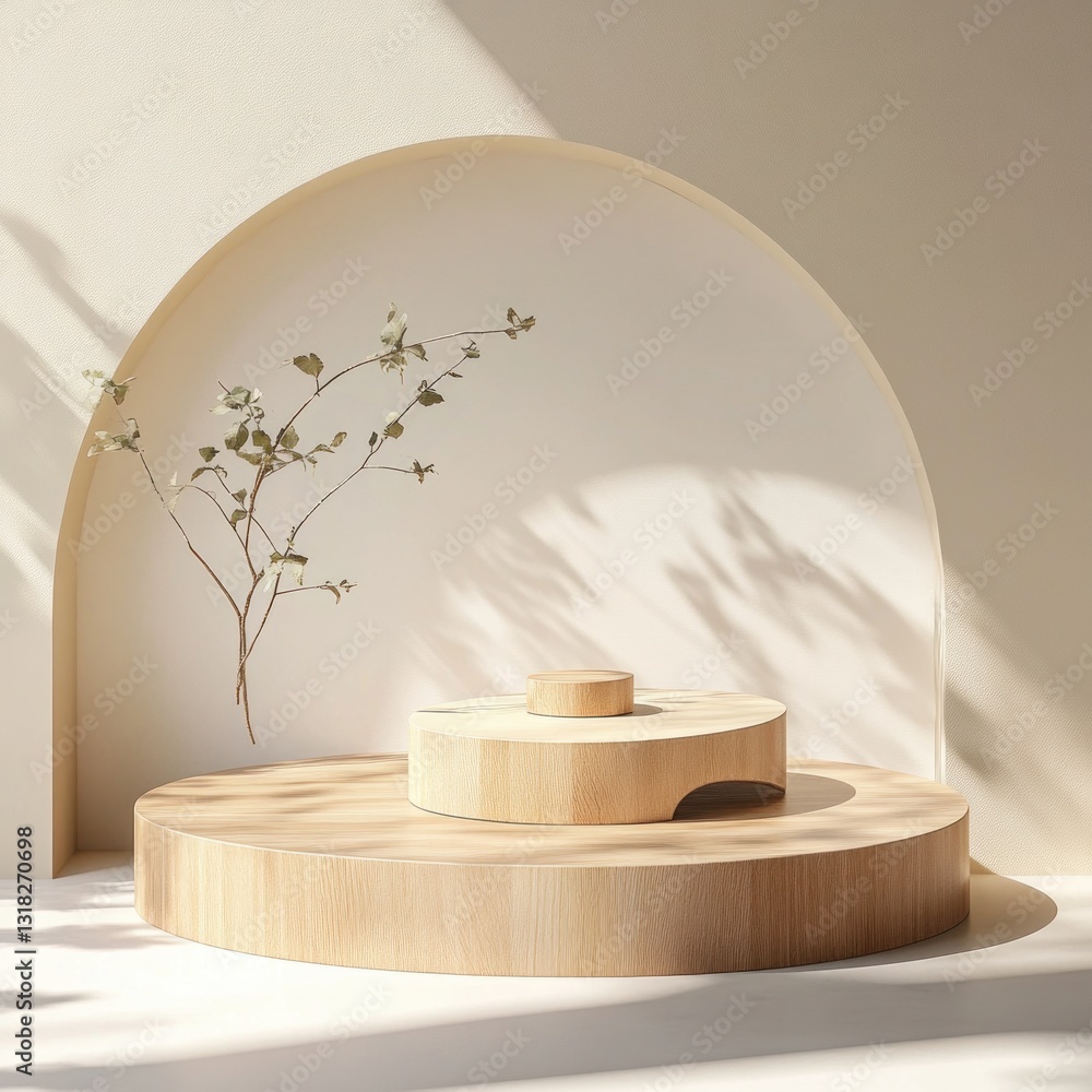 Poster minimalist wooden podium illuminated by sunlight in elegant arch with botanical element for product 