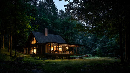 Pixel Art Of A Cozy Illuminated Cabin In A Dark Forest With Fireflies At Night