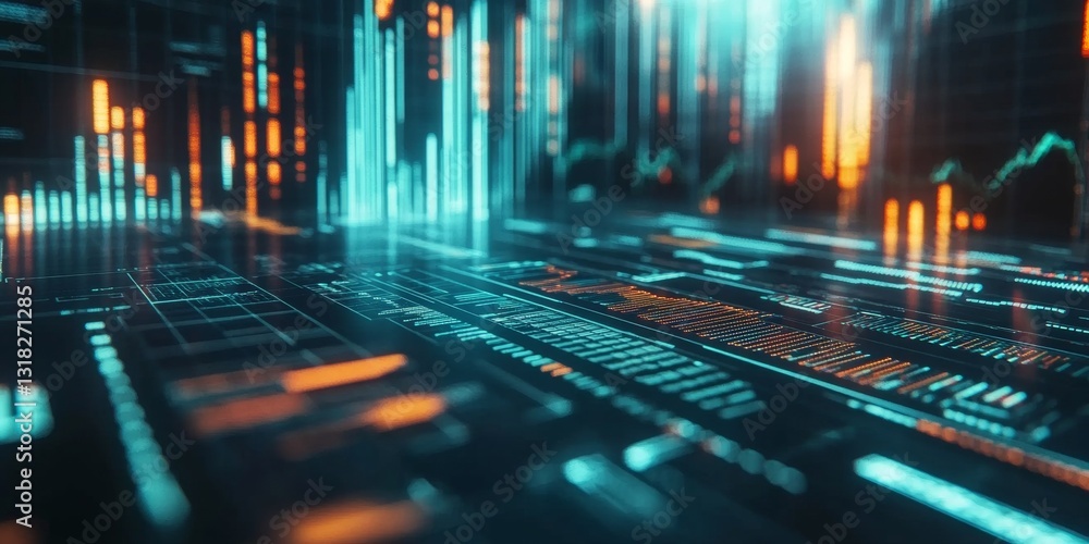 Poster futuristic data visualization with neon lights and abstract patterns in a digital landscape