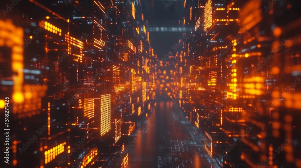 Poster futuristic digital environment with glowing orange lines and abstract structures in motion