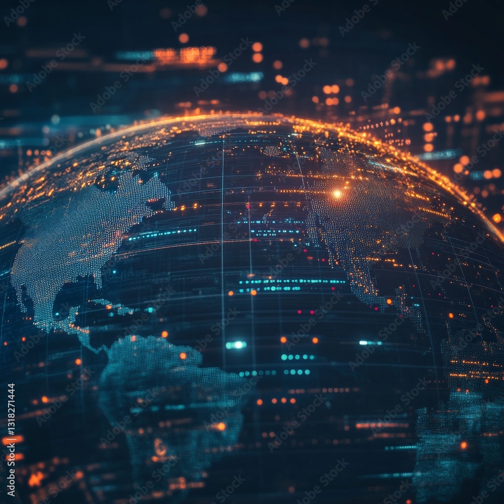 Poster digital visualization of a global network with neon lights and data connections in space