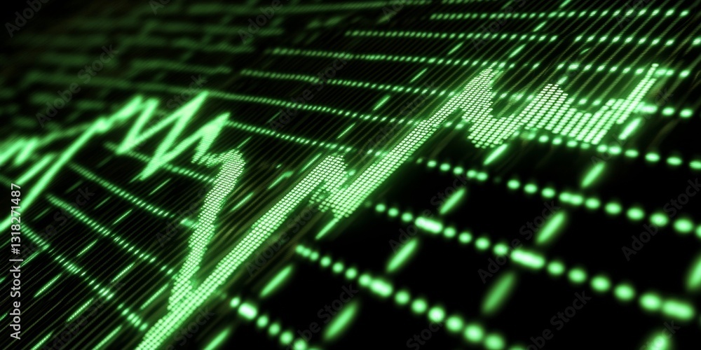 Poster abstract digital financial data trends surging on a graph with green line and dots
