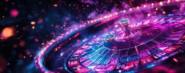 An illuminated roulette wheel stands prominently against a dark casino backdrop with vibrant neon colors of pink and blue, exuding excitement and energy, capturing the essence of gamblin