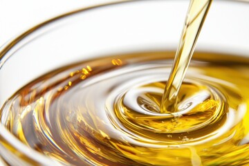 Liquid Gold Flowing into Glass Bowl Capturing the Essence of Natural Culinary Ingredient Close Up View