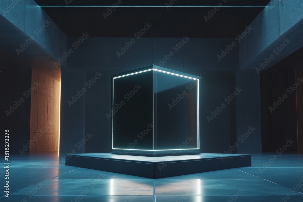 Poster futuristic abstract cube surrounded by ambient light in modern architectural space