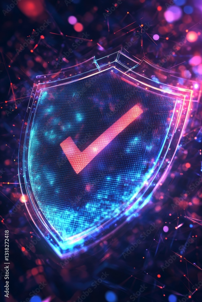 Poster this high-tech digital image features a glowing shield with a check mark, symbolizing security and p