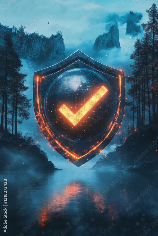 Poster abstract illustration featuring a glowing shield with a check mark, set against a tranquil forest an