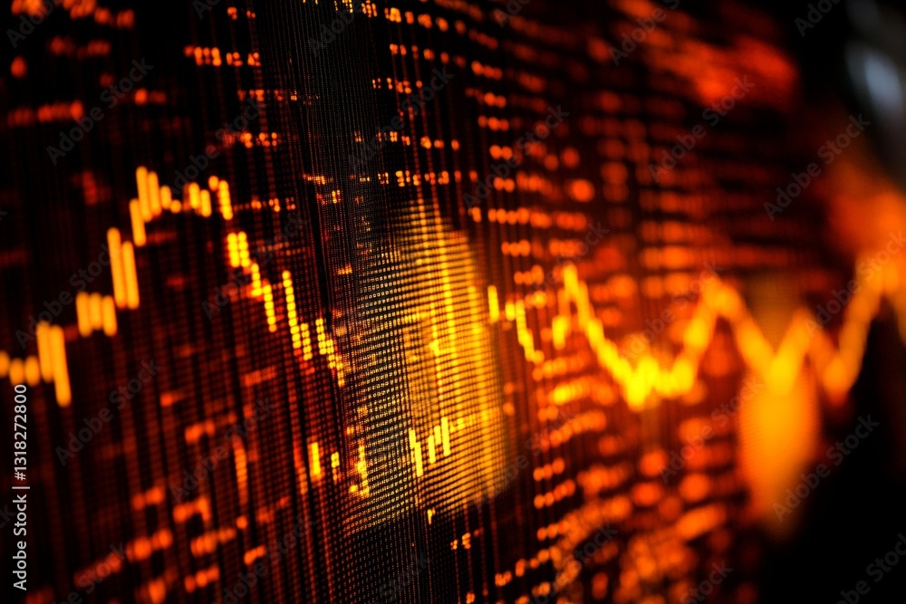 Poster dynamic financial data visualization with abstract orange graph patterns in a digital format