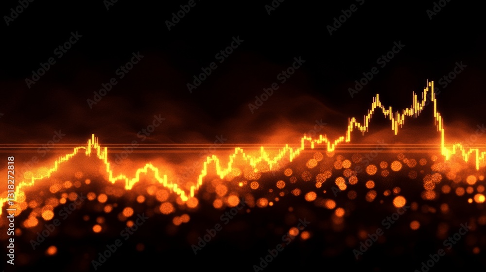 Poster dynamic abstract visualization of financial data trends with glowing orange graph lines