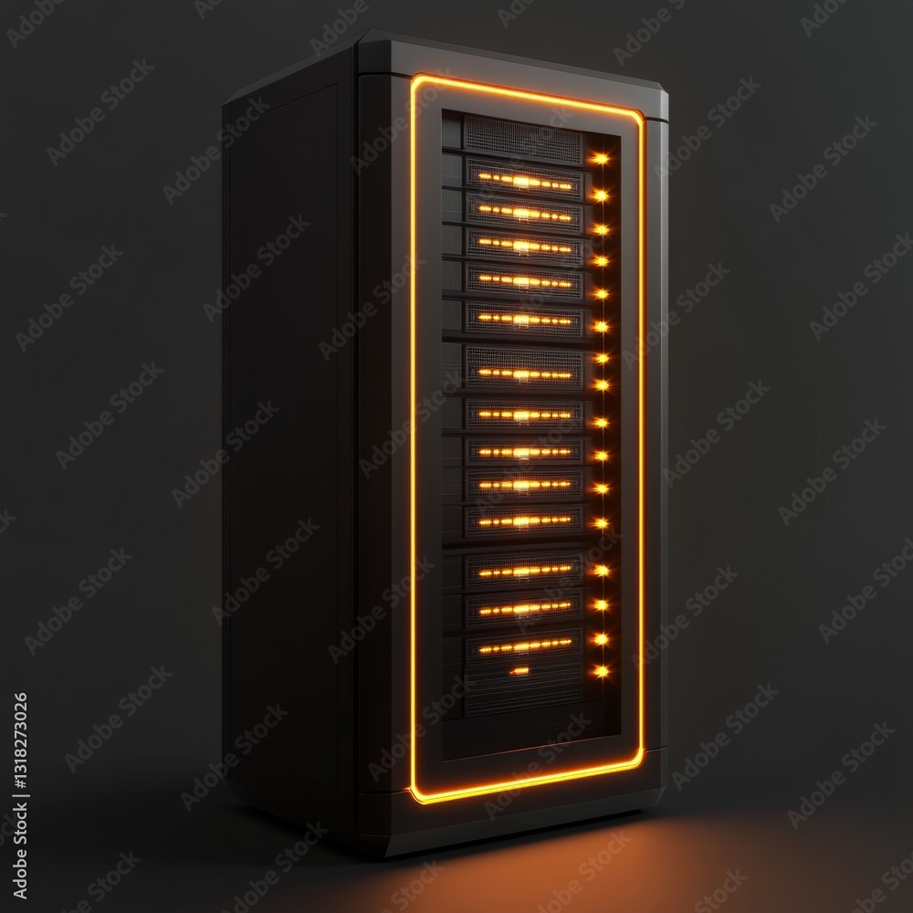 Aufkleber modern data server tower with orange led lighting and digital connectivity in dark environment