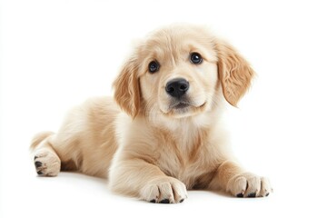 Obraz premium A charming golden retriever puppy rests calmly on a white background, showcasing its soft fur and endearing expression, perfect for pet lovers and animal enthusiasts.