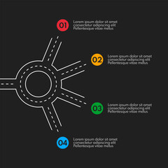 roundabout with 4 exits, round crossroad vector infograpjic, white chart on black background