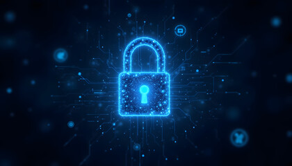 A futuristic holographic padlock icon signifies advanced encryption technology, ensuring the online privacy and security of digital data on the internet.