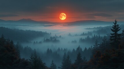 Fototapeta premium Moon setting through morning fog, creating layered atmosphere