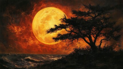 Fototapeta premium Full moon behind wind-blown trees, creating dynamic silhouette