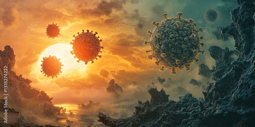 Poster a group of viruses are flying through the sky, with one of them being a large, glowing red one. the 