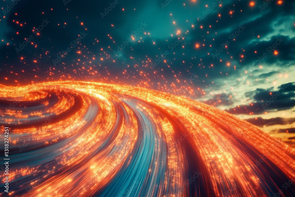 Canvas Prints a stunning visual of vibrant light trails moving through the sky, surrounded by dramatic clouds and 