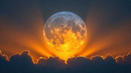 Moon rising through cloud break, creating dramatic light rays
