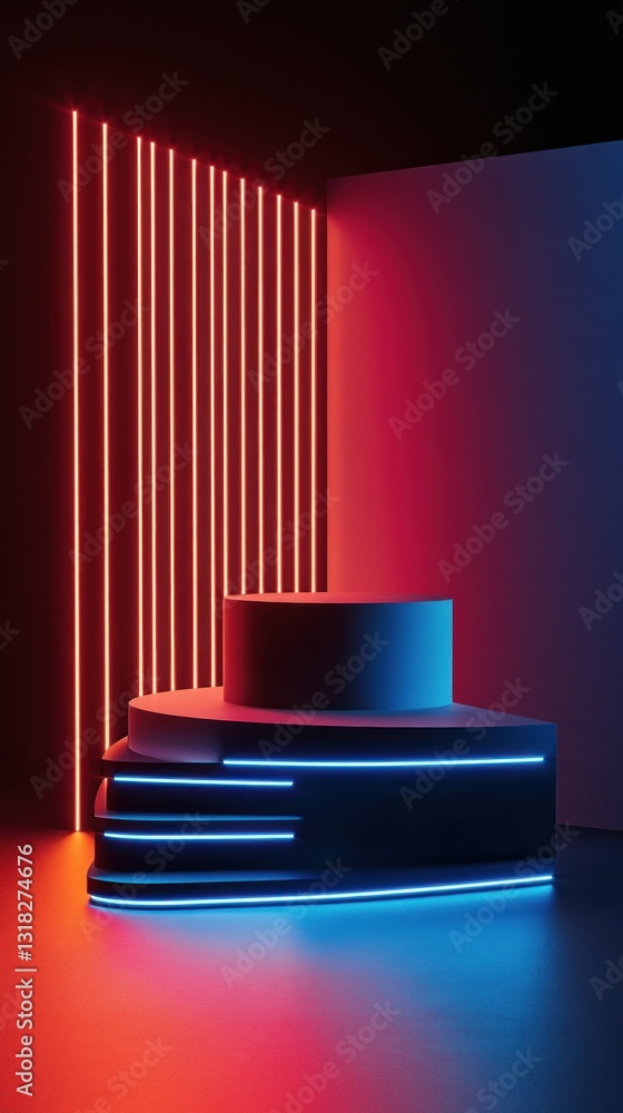 Aufkleber minimalist stage design with vertical neon lights and vibrant blue and red gradient background textu