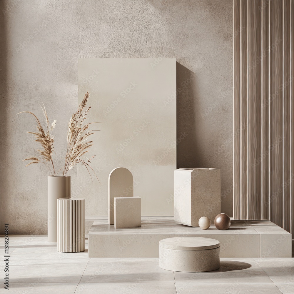 Poster harmonious beige display showcase serene luxury minimalist geometric forms with abstract vases and d