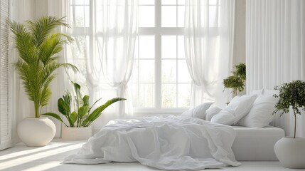 All-white minimalist bedroom with floor-to-ceiling windows, sheer curtains, and a touch of greenery.