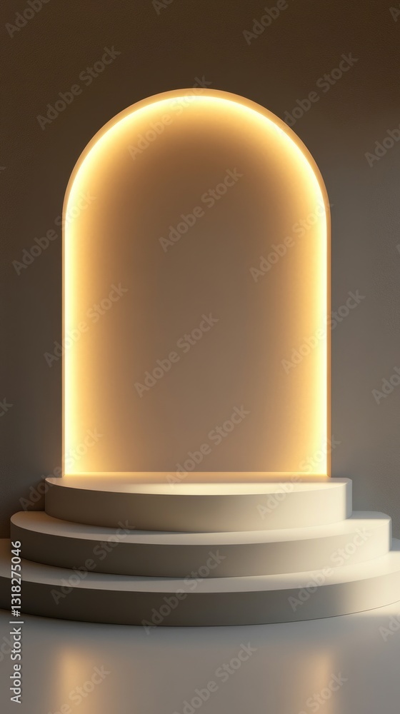 Poster minimalist illuminated archway podium stage for product display elegant background neutral tones