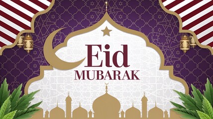 Festive Eid Mubarak greeting design featuring a golden crescent moon, mosque silhouette, Arabic patterns, lanterns, and palm leaves, perfect for Islamic celebrations and digital greetings.