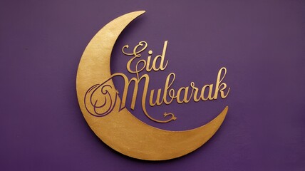 Elegant Eid Mubarak greeting design featuring a golden crescent moon, Arabic patterns, and calligraphy on a rich purple background, ideal for Islamic festival celebrations and digital use.