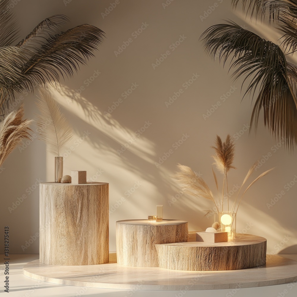 Poster beige background with wooden display platforms and palm leaves for product mockup and design display