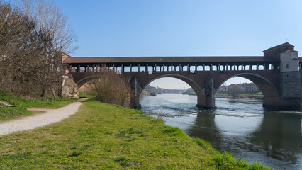 Pavia, Italy. Amazing view of the Ponte Coperto (Covered Bridge) or the Ponte Vecchio (Old Bridge)...
