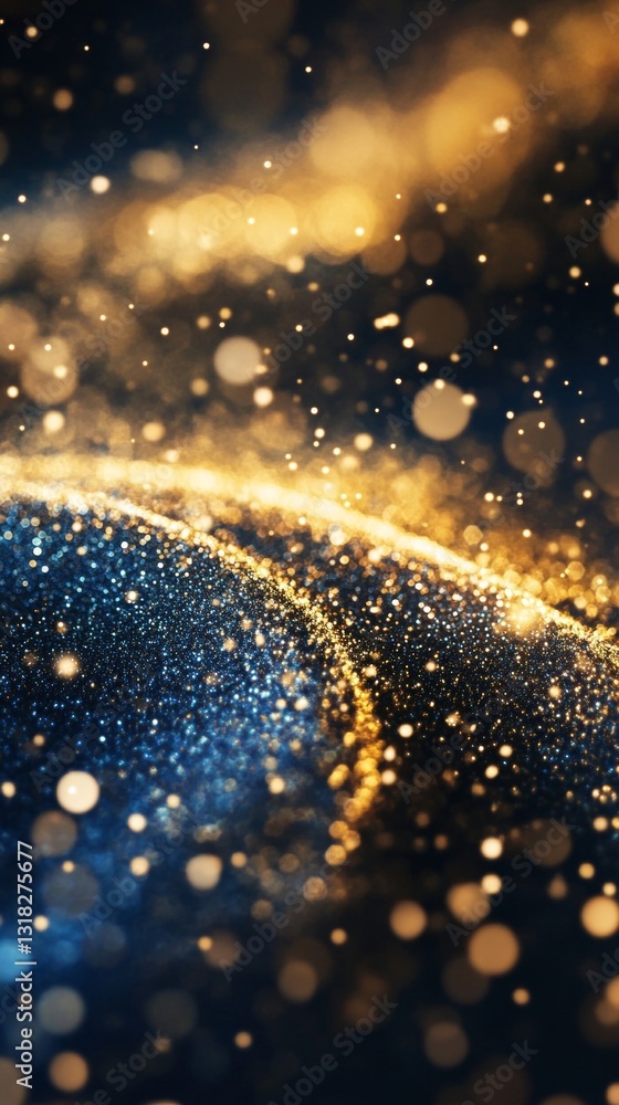 Poster golden and blue glittering background with soft bokeh effects creating a dreamy atmosphere