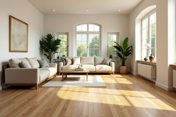 Fototapeta premium Sunlight streams through large windows illuminating a minimalist living room with light beige sofas, a wooden coffee table, and lush potted plants.