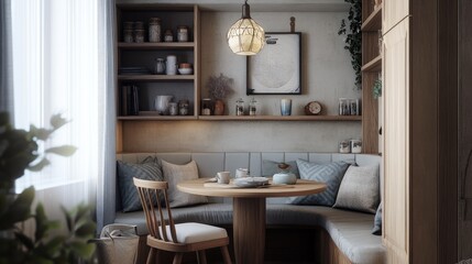 Charming Scandinavian dining nook with built-in seating, soft cushions, and a round wooden dining table.
