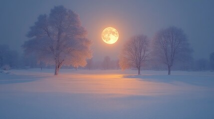 Full moon behind winter trees, snow creating magical atmosphere