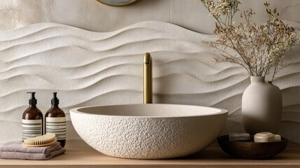 Chic luxury bathroom with a neutral palette, brass finishes, and elegant textured wall tiles.