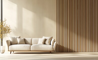 The living room exudes warmth and comfort with its soft beige tones on cream color wall background- 3D